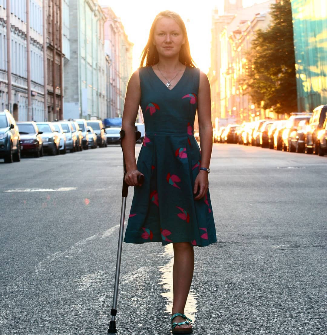 - Amputee woman on crutches! 