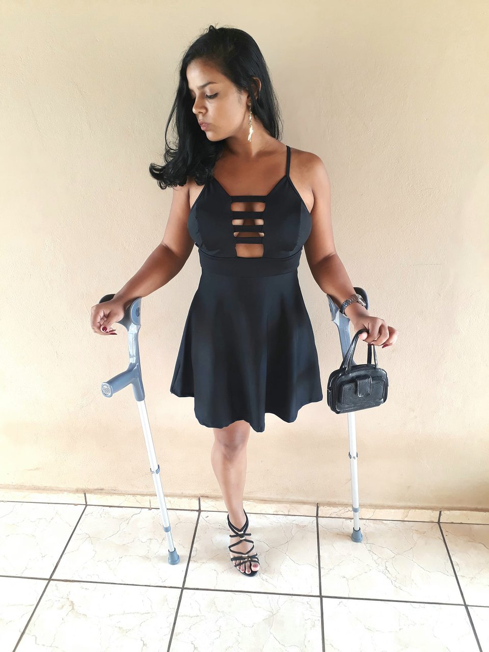 - Amputee woman on crutches! 