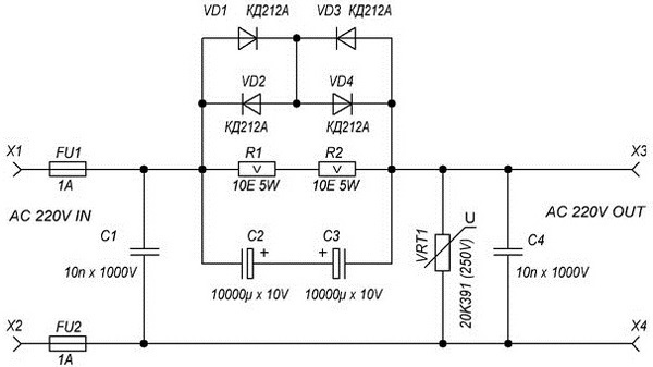 Схема изготовления сетевого фильтра под напряжение В