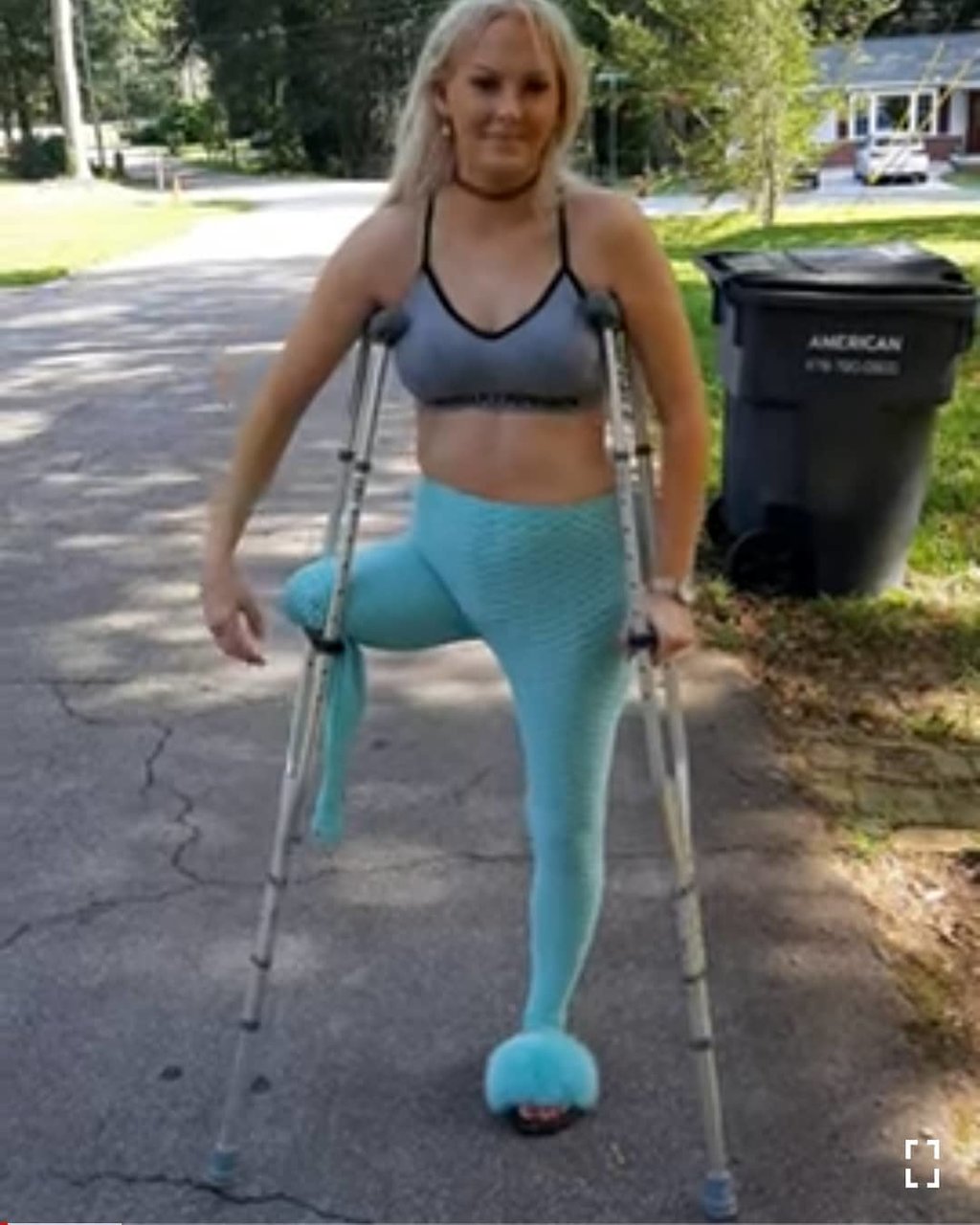 - Amputee woman on crutches! 