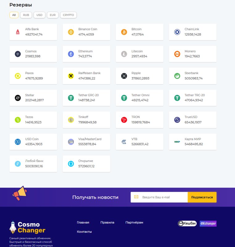 Cosmochanger.cc - Самый реактивный обменник. Быстрый и безопасный способ обменять более 20 популярных криптовалют