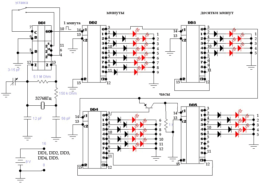 Схема часов на светодиодах