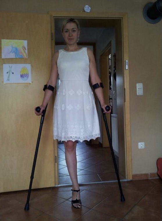 - Amputee woman on crutches! 